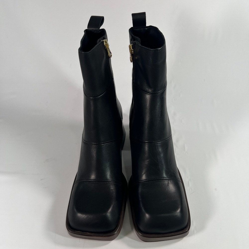 ASOS DESIGN Rhodes Premium Leather Platform Boots Black Square Toe Chunky Heel 6 - Picture 2 of 11